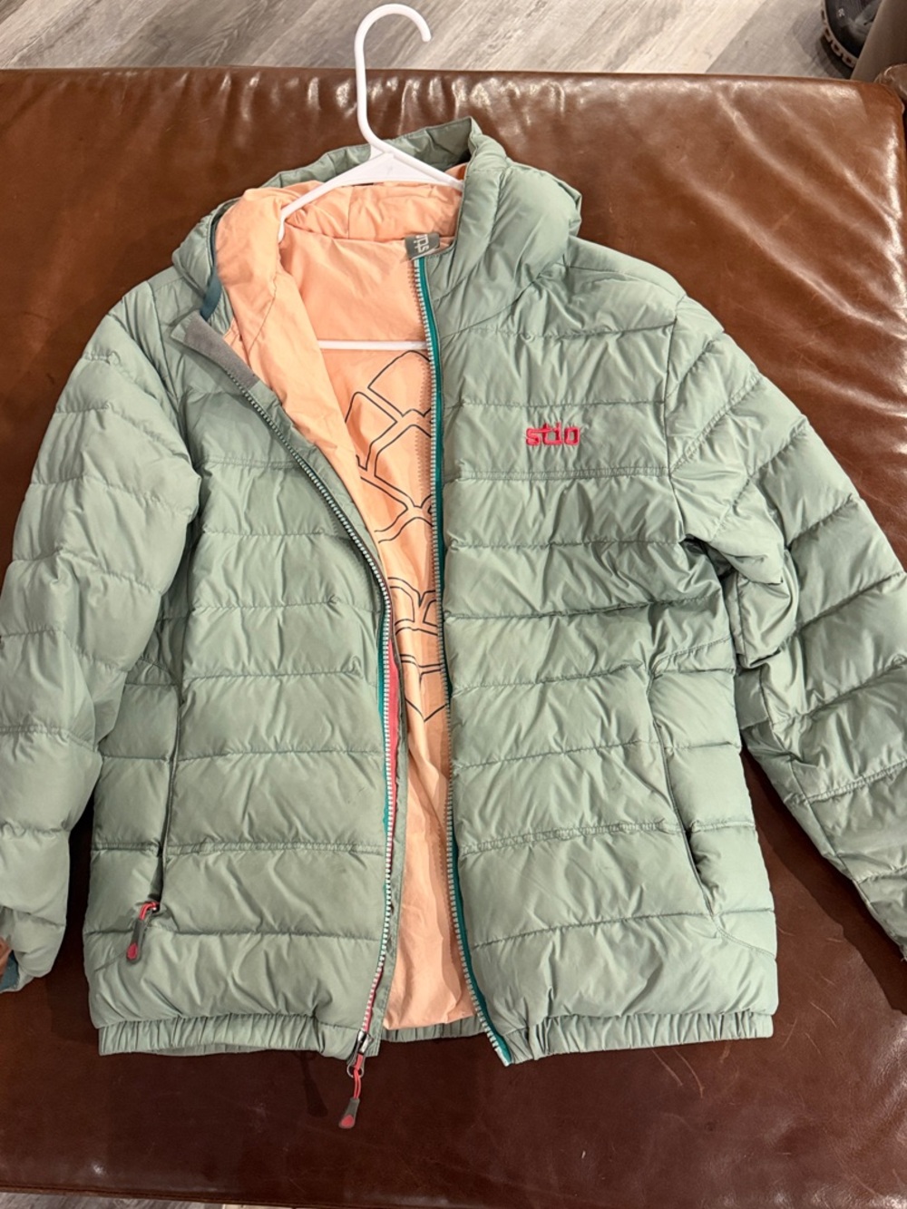 Stio Kids Light Sage Green Puffer Jacket with Peach Lining
